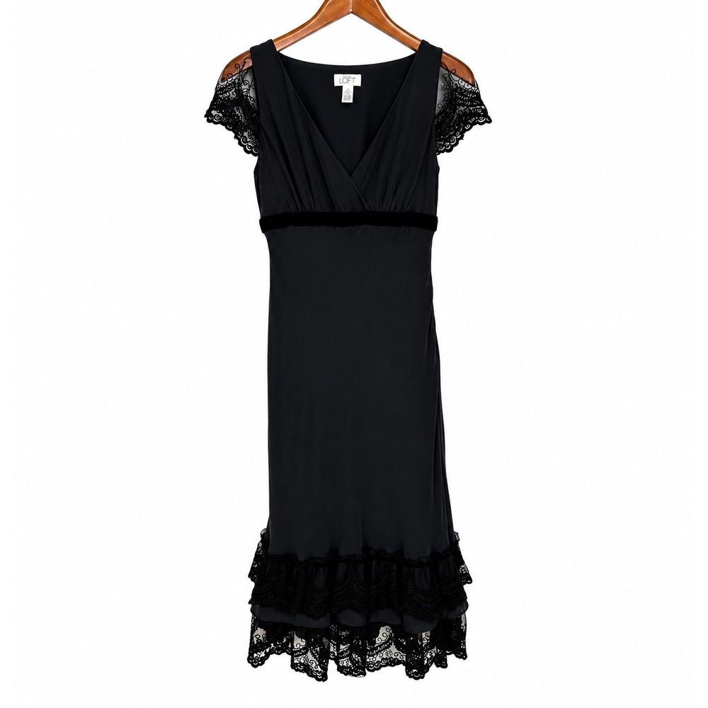 Ann Taylor LOFT Black Silk Lace Midi Dress Velvet Trim V-Neck Cocktail Size 4